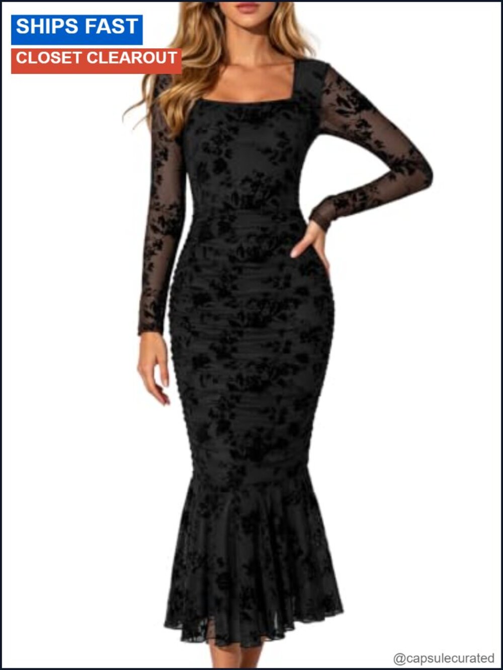Long Sleeve Midi Dress Square Neck Bodycon Formal Wedding Guest
